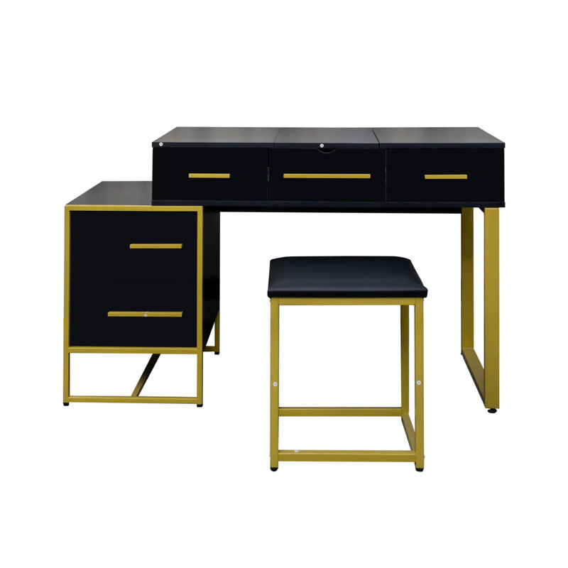 Ensemble de coiffeuse avec miroir, commode et table de chevet avec 4 tiroirs, Noir