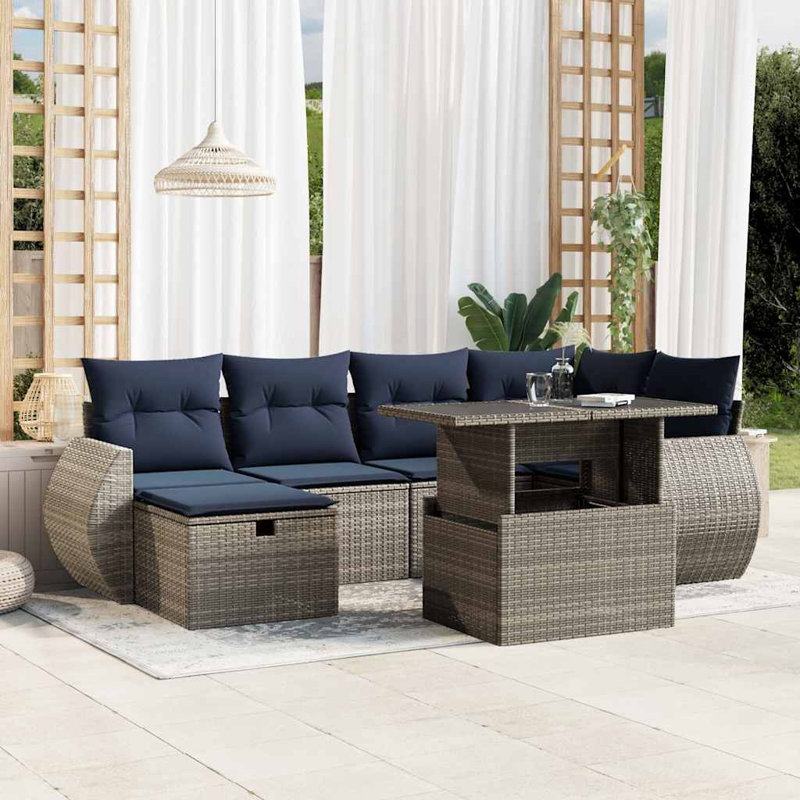  Ensemble de canapé de patio 7 pièces avec coussins en rotin de polyester, Gris, Bleu