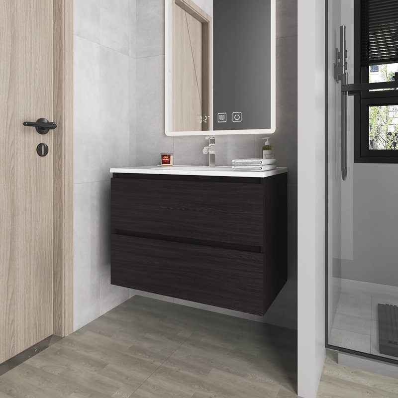 Meuble-lavabo flottant avec deux tiroirs et lavabo, Wengé