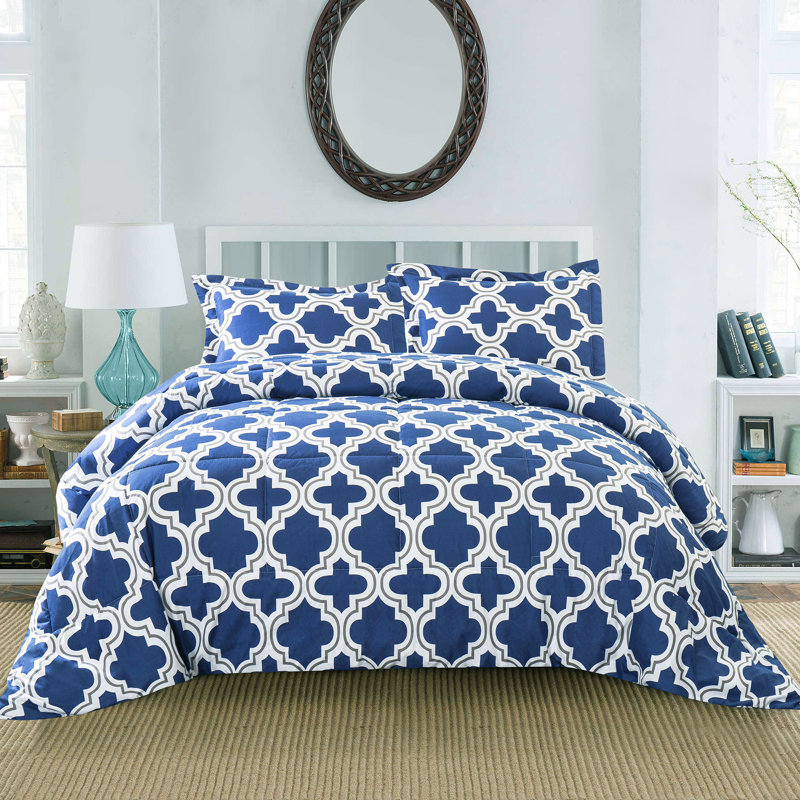 Superior Trellis Hypoallergenic Down Alternative Comforter Set, Navy Blue, Full/Double/Queen 3pc Set