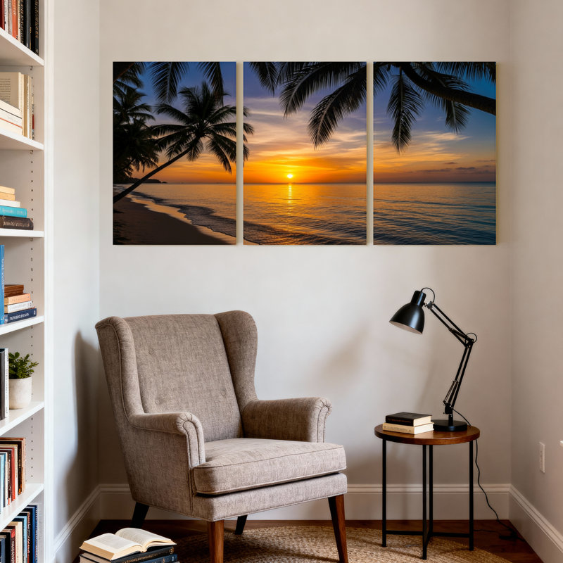 Palmiers, coucher de soleil, plage, palmiers, océan, ciel, reflet, sable, ensemble de 3 impressions sur toile