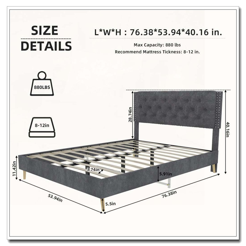 Structure de lit en velours, Gris, Lit double