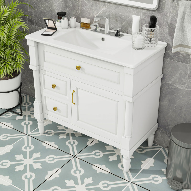 Meuble-lavabo de salle de bain avec lavabo, tiroir rabattable, tablette réglable et rangement pour porte, Blanc