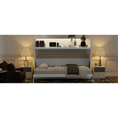 Lit simple blanc TG avec bureau, DEL et station de charge. Cadre en bois massif pour un bureau fonctionnel ou des lumières de chambre d'amis Blanc. Fabrication pratique