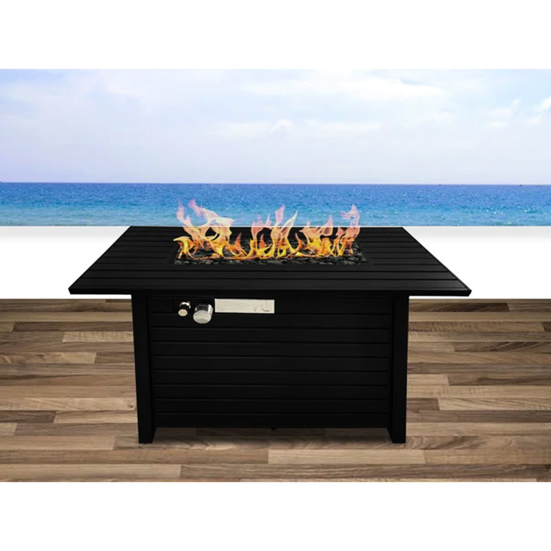 24" H Steel Propane Fire Pit Patio Table - Black, , Airy Slatted Base, Lid, Cover, Lava Rocks, Glass Beads, Adjustable Flame, Deck- Outdoor Weather- Finish, Flame Adjustable, Heating