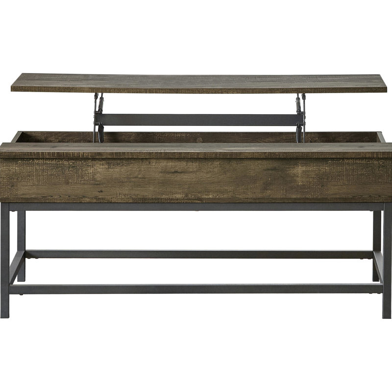 Combinaison de table basse et de table de bout en chêne brun rustique, plateau relevable pour la cuisson des biscuits, tiroir pour ranger les pépites de chocolat, groupe de conception autoportant avec lustre, origami, papiers de garde, rectangulaire