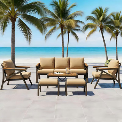 6-Piece Outdoor Furniture Collection, Steel Framed Lounge Set with 4-Seater Sofa, Armchairs, Ottomans & Acacia Wood Coffee Table, Cushioned Seating for Garden & Poolside
