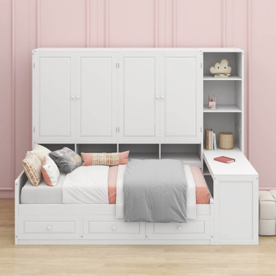 Lit de jour simple en bois avec tiroirs, bureau et tablettes