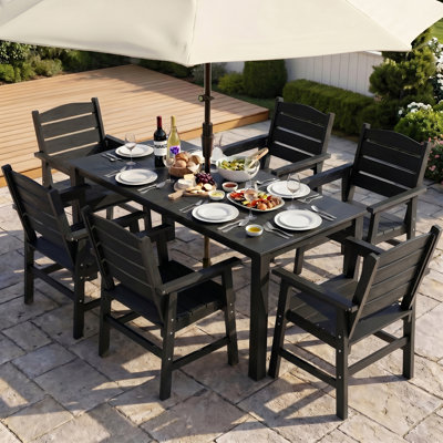 All Weather Outdoor Table and Chairs 7 Pieces Patio Dining Sets Outside Furniture With Umbrella Hole& Aluminum Frame HIPS Modern Patio Dining Set for 6 Person for Outside Backyard/Porch/Deck, 1-Table 6-Chairs, Black