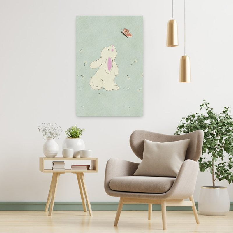 «Curious Bunny and Butterfly Delicate Peaceful Whimsical Butterfly Dandelion Rabbit Nature Spring», art mural