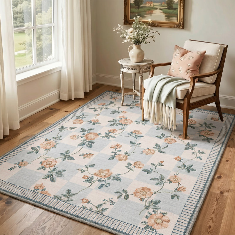 Tapis ivoire / vert lavable à la machine avec envers antidérapant, Rectangle 8' x 10'