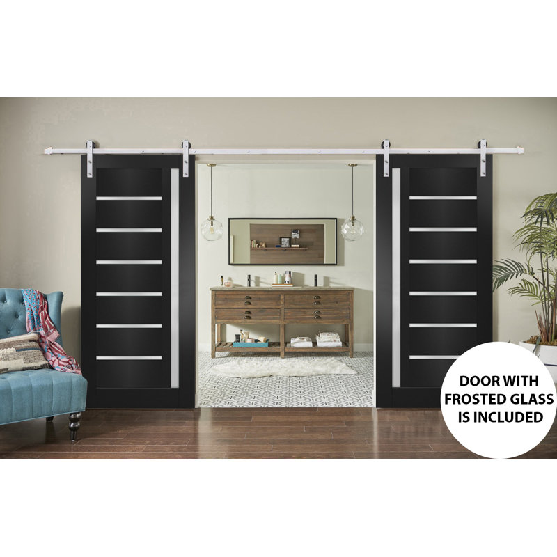 Porte de grange double robuste avec rail Quadro 4088 noir mat et verre dépoli, supports de rail de 4 m (13 pi), portes intérieures à panneaux pleins et lourds - 183 cm x 203 cm (72 po x 80 po) (2 x 91 cm x 203 cm) - Rail argenté