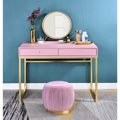 Bureau de coiffeuse 2 tiroirs en rose et or, miroir inclus, plateau à bijoux, coiffeuse en cristal or gracieux, avec cadre en métal miroir