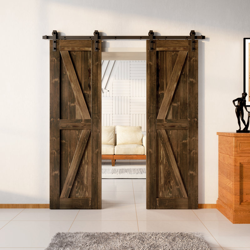 Porte en bois de pin K Design non assemblé avec quincaillerie d'installation rustique noire à deux portes, 30 po x 84 po