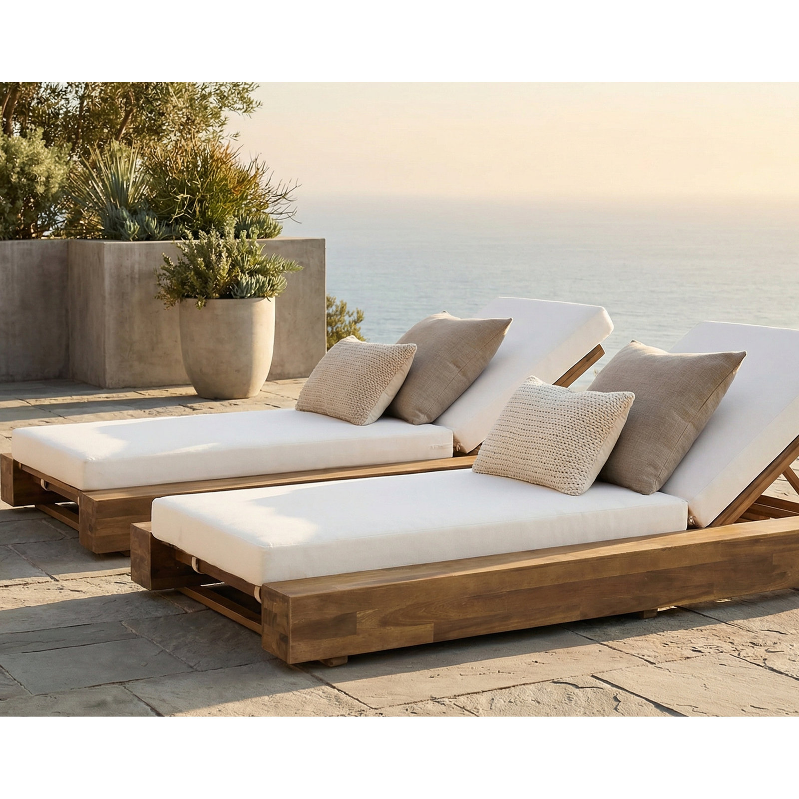 Donnie 39" Acacia Patio Chaise Lounge Set, Sandblast Teak Frame / Cream Cushion, 2