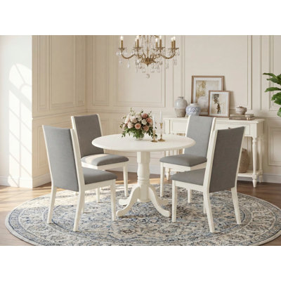 L'ensemble de table de salle à manger 5 pièces comprend une table de cuisine ronde avec Dropleaf et 4 chaises de salle à manger Parson en lin Shitake, blanc lin