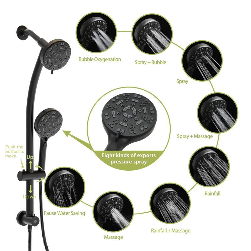 Pomme de douche double multifonction - Système de douche avec pomme de douche à pluie de 4,7 po, douche à main 8 fonctions, barre coulissante réglable