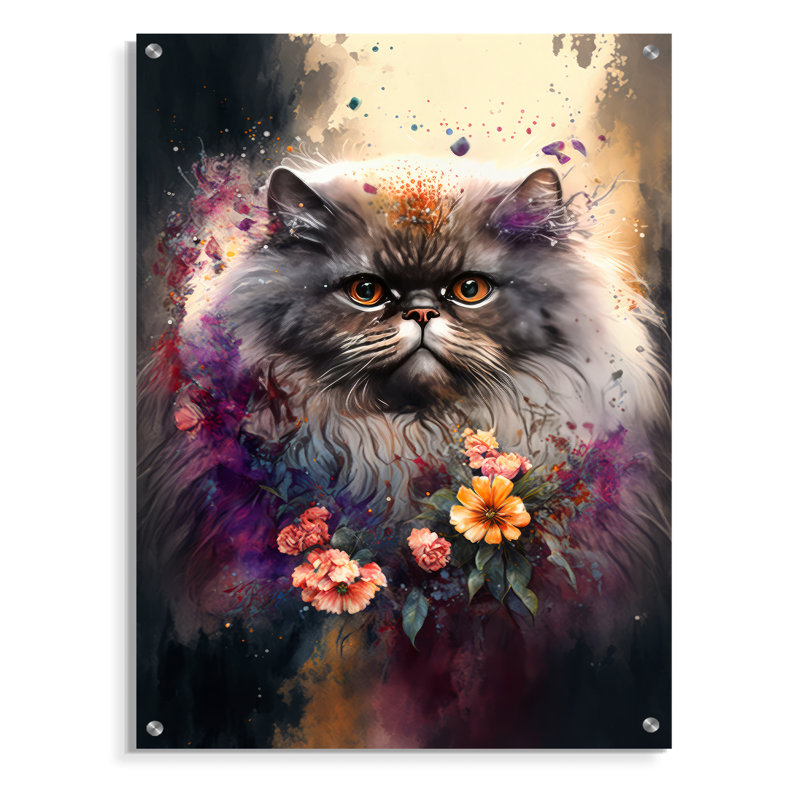 Mignon chat persan, art floral I - chat, art mural en acrylique pour le salon, H 40 po x l 30 po