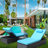 3-Piece Outdoor Patio Furniture Set Chaise Lounge, Patio Reclining Rattan Lounge Chair Chaise Couch Cushioned With Glass Coffee Table, Adjustable Back And Feet, Lounger Chair For Pool Garden, Blue-1052113995