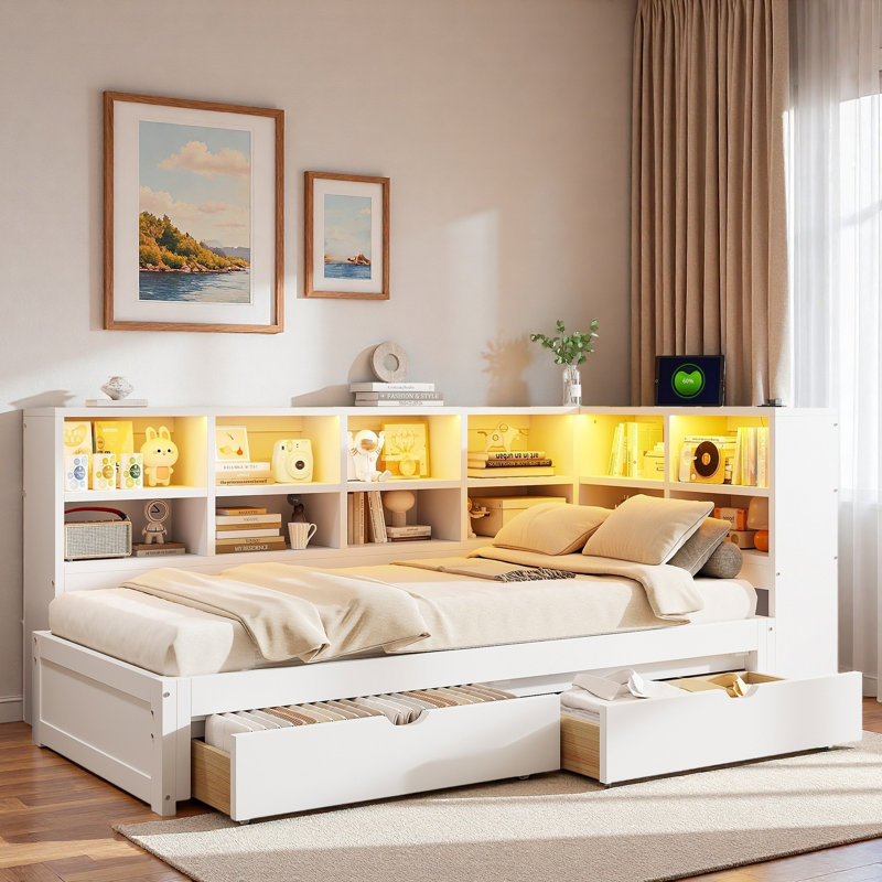 Modern Daybed With 2 Storage Drawers, Storage Cabinets, Led Light And Usb Ports, White