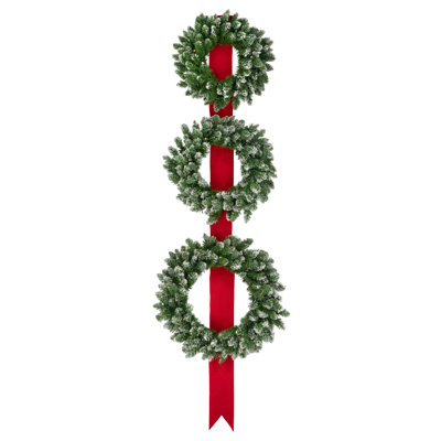 Pre-Lit B/O Flocked Wreaths on Red Ribbon Christmas Decoration 6.5'