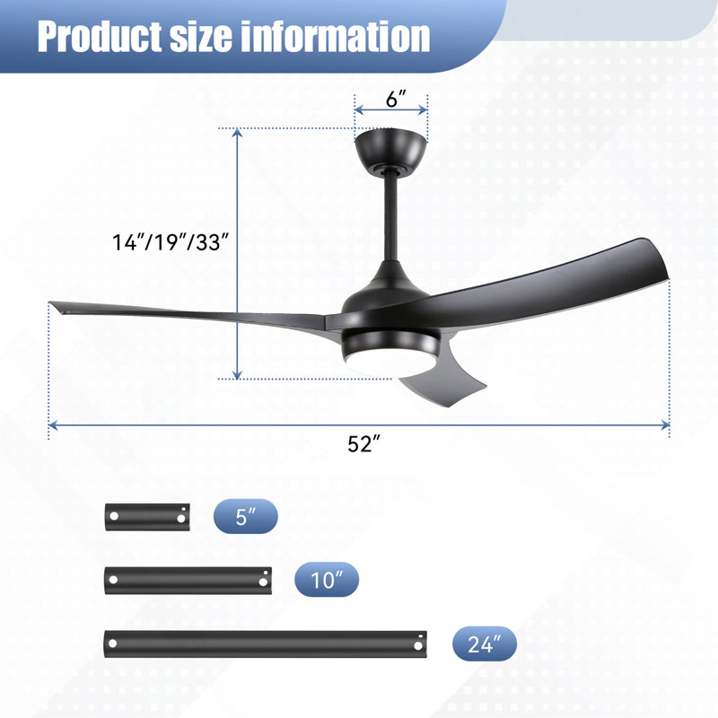 Ventilateur de plafond noir moderne de 52 pouces avec lumière DEL de 18 W et moteur à courant continu à 3 pales en ABS pour chambre à coucher