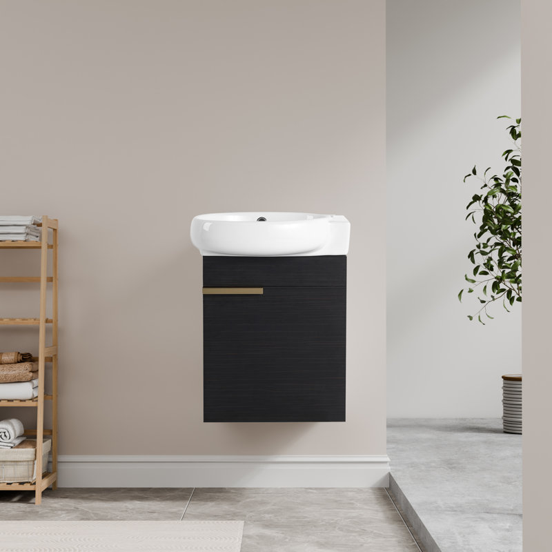 Meuble-lavabo mural 16 po avec lavabo en céramique et porte à fermeture en douceur, Noir, noir, noir, noir