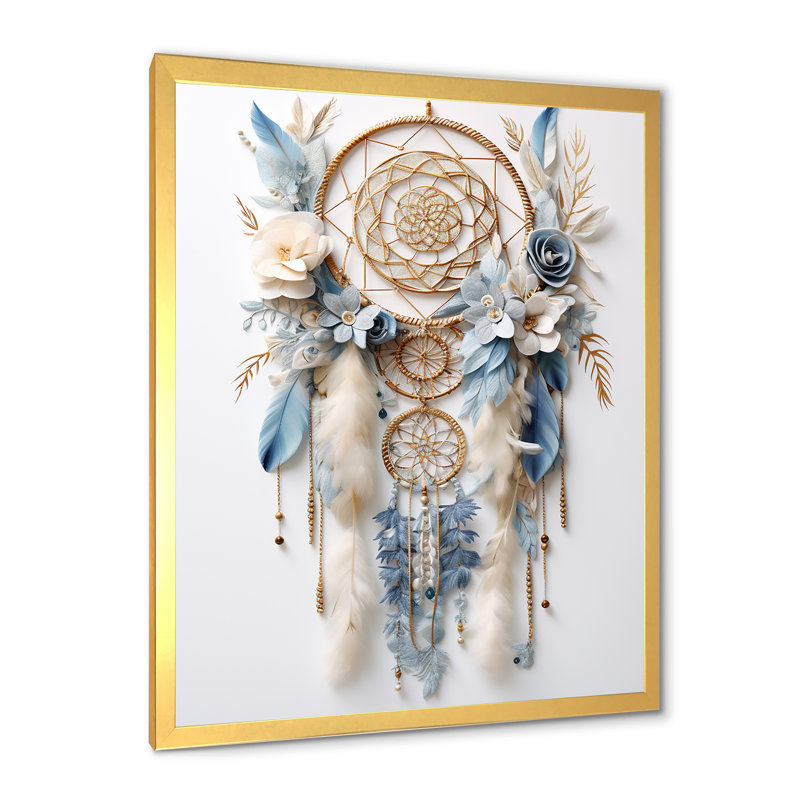 Attrape-rêves blanc et bleu Tranquility sur toile, H 32 po x l 24 po x P 1 po, Cadre doré simple