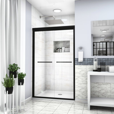 Cabine de douche noire matte l 48 po x H 76 po avec porte coulissante double en verre trempé haute et porte profilée, technologie Nano Layer