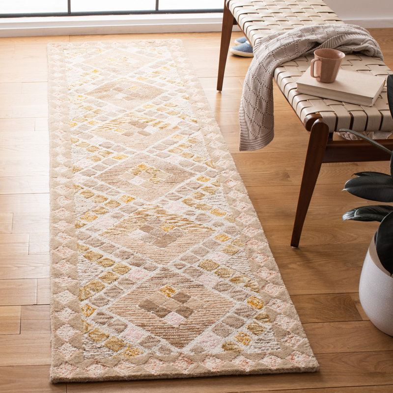 Tapis beige en laine touffeté à la main à motif géométrique, Tapis de couloir 2 pi 3 po x 8 pi