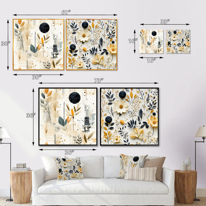 Alapaha - Ensemble de 2 collages carrés botaniques abstraits, Cadre flottant blanc, H 30 po x l 61 po
