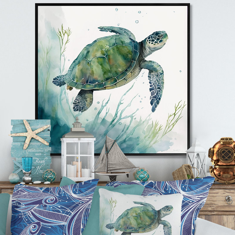 Tortue aquarelle nageant II - reproduction sur toile, H 36 po x l 36 po x P 1,5 po, Toile avec cadre flottant noir