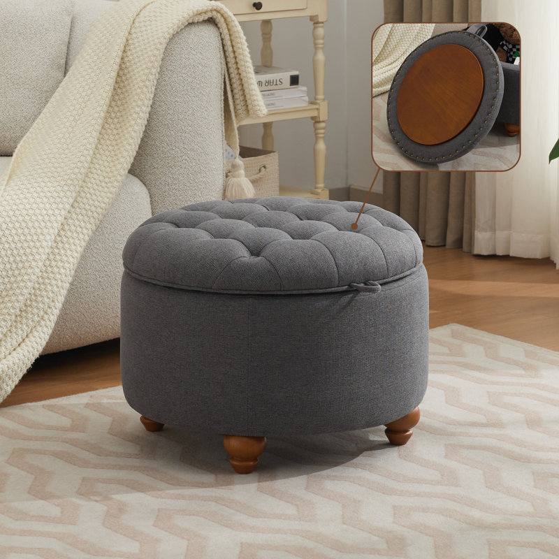 24’’ Wide Upholstered Tufted Round Storage Ottoman, Dark Gray Linen