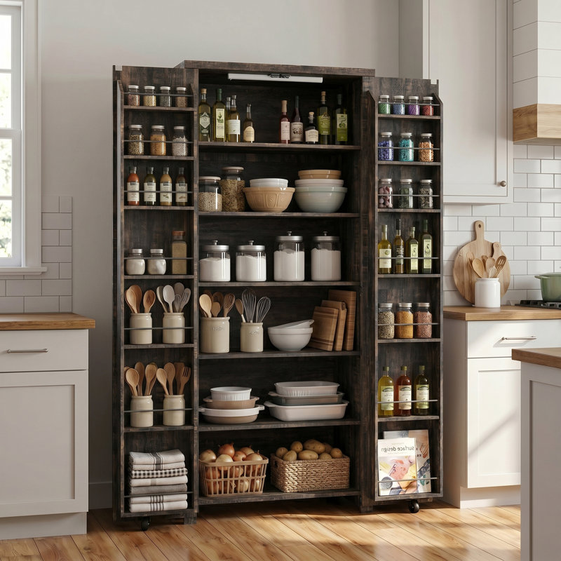Armoire de rangement de 72 po de hauteur, garde-manger avec tablettes réglables, Brun foncé rustique