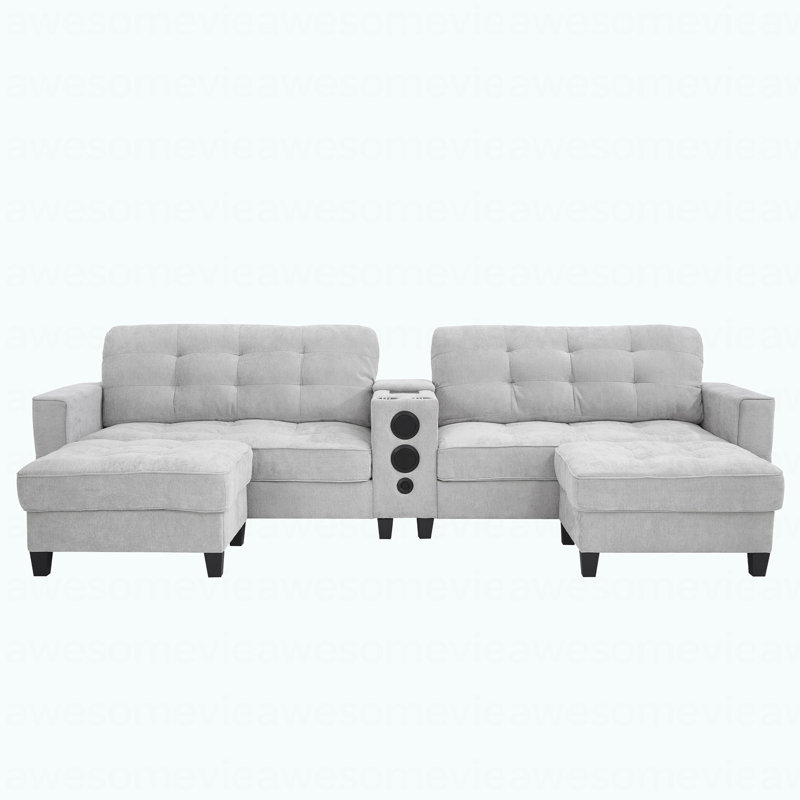 Modern Sectional Sofa 126" U-Shaped Sectional Sofa Modular Sectional Couch With Movable Storage Ottomans, Multifunctional Console, Bluetooth Speakers And LED Lights For Living Room, Light Grey