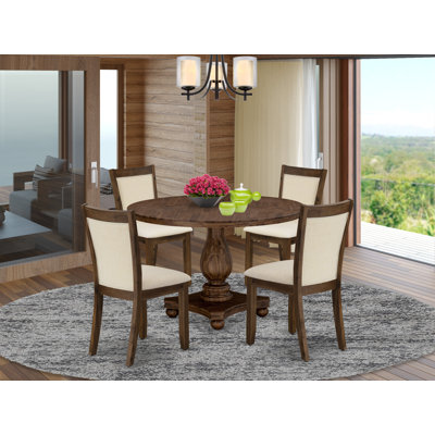 5 Piece Kitchen Table Set Includes a Round Dining Room Table with Pedestal and 4 Light Beige Linen Fabric Parson Chairs, Sandblasting Antique Walnut