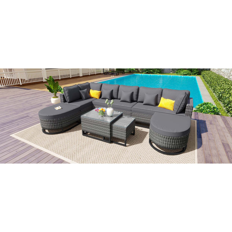 Ensemble de canapé 7 pièces en osier de grande taille avec 2 tables basses et coussins, Gris