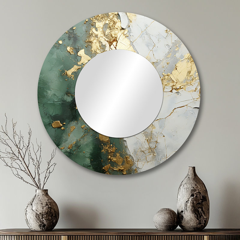 Seneka Gold And Green Paint Fusion - Abstract Painting Decorative Mirror, Beige Large Round Wall Mirror, Printed Metal Art