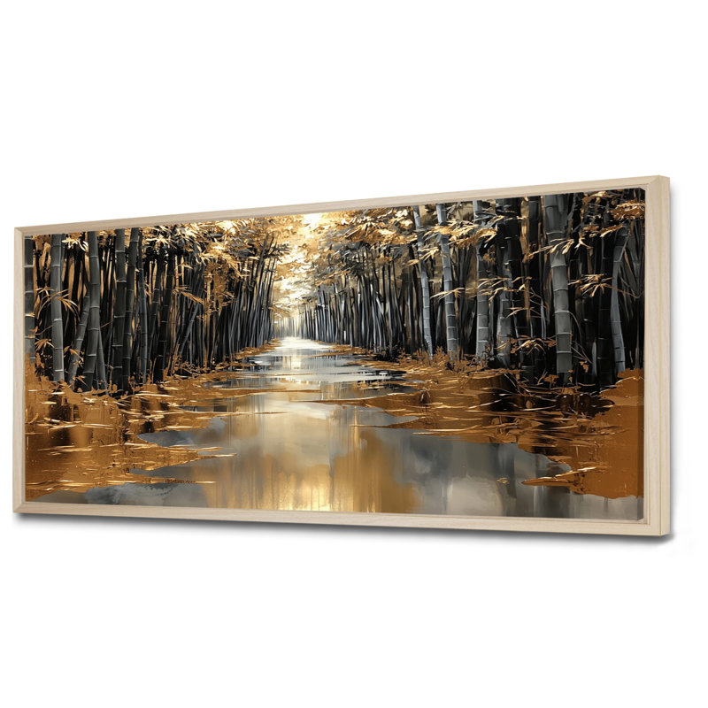 «Golden Arashiyama Bamboo River II», décoration murale en bambou, H 28 po x l 60 po, Impression sur cadre flottant