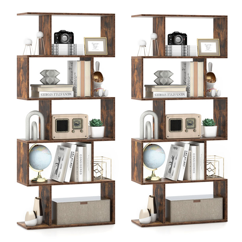Rufio 62.5" H 27.5" W 5-Tier Manufactured Wood Geometric Bookcase, Brown