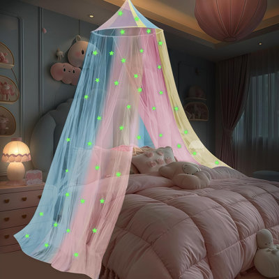 Auvent de lit coloré pour les filles avec des étoiles brillantes dans les étoiles foncées, le filet à baldaquin arc-en-ciel convient à la plupart des lits simples, simples, doubles et grands, aux décorations de chambre et aux accessoires de chambre à coucher pour enfants