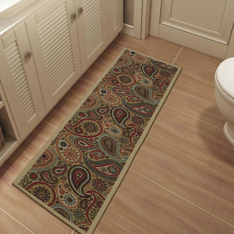 Contemporary Red and Beige Paisley Runner Rug with Non-Slip Backing