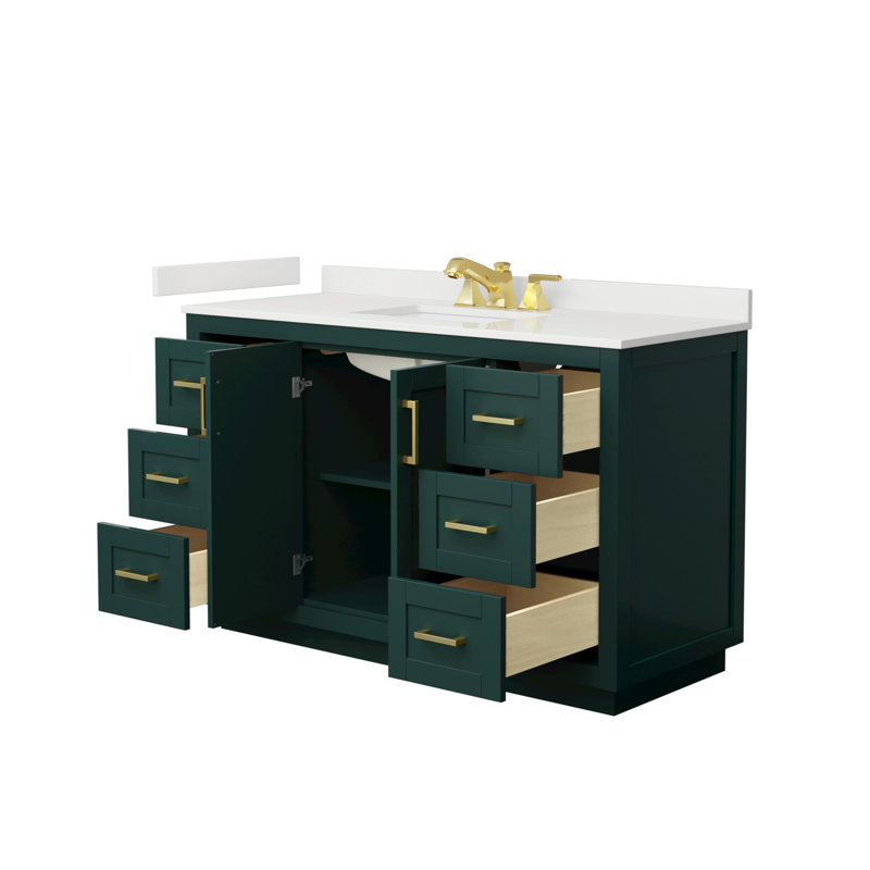 Miranda 54" Freestanding Single Bathroom Vanity with Quartz Top, White Quartz, Green, Brushed Gold
