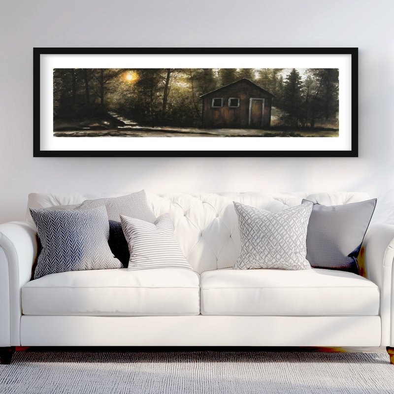«Cabin in the Forest - Rustic Landscape», reproduction d'art encadrée, H 20 po x l 60 po, Noir