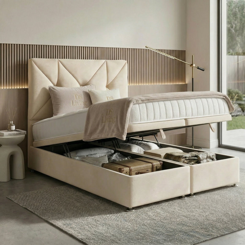 Eclipse Ottoman Storage Bed, Cream, Double