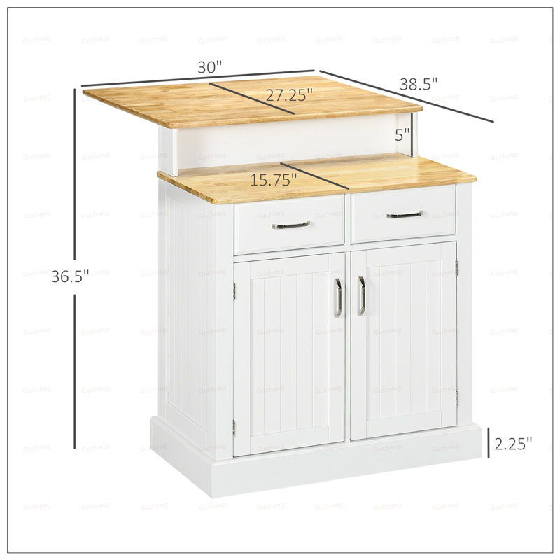 Îlot de cuisine avec armoire de rangement et plateau de table en bois d'hévéa à 2 niveaux, parfait pour les cuisines modernes et pour une utilisation efficace de l'espace