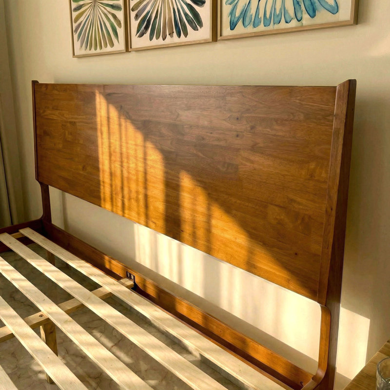 Solid Wood Queen Bed Frame with Headboard, 800lbs Capacity Scandinavian Platform Bed, Walnut Finish, Non-Slip and Noise-Free, No Box Spring Needed