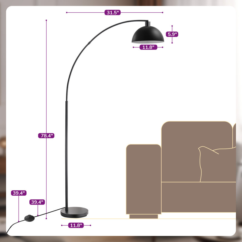 Bynaker 78.4'' Arched/Arc Floor Lamp with metal shade, Black