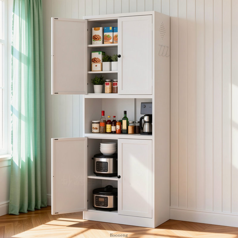 Armoire de cuisine de 72 pouces de hauteur en acier blanc avec grand comptoir, tablettes réglables et crochets, Blanc