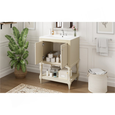 Meuble-lavabo de luxe moderne 24 po avec lavabo en céramique, armoire de salle de bain avec tablette ouverte et rangement fermé